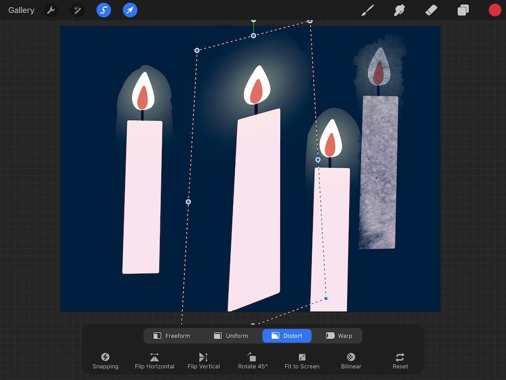 distort transform option of candle drawing in procreate