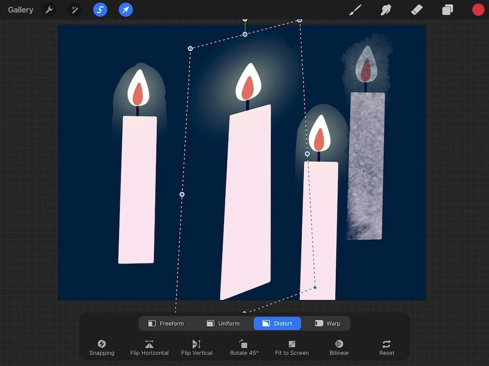 distort transform option of candle drawing in procreate