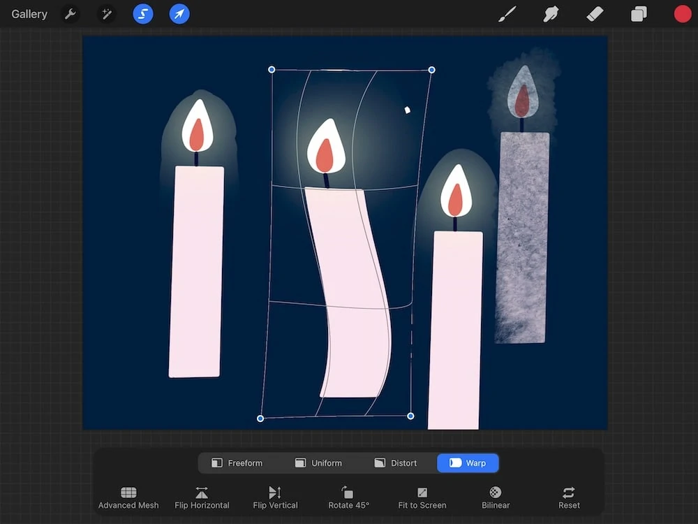 warp transform effect on candle drawing in procreate