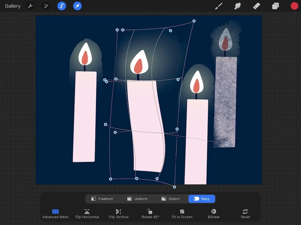 advanced warp mesh on drawing of candle