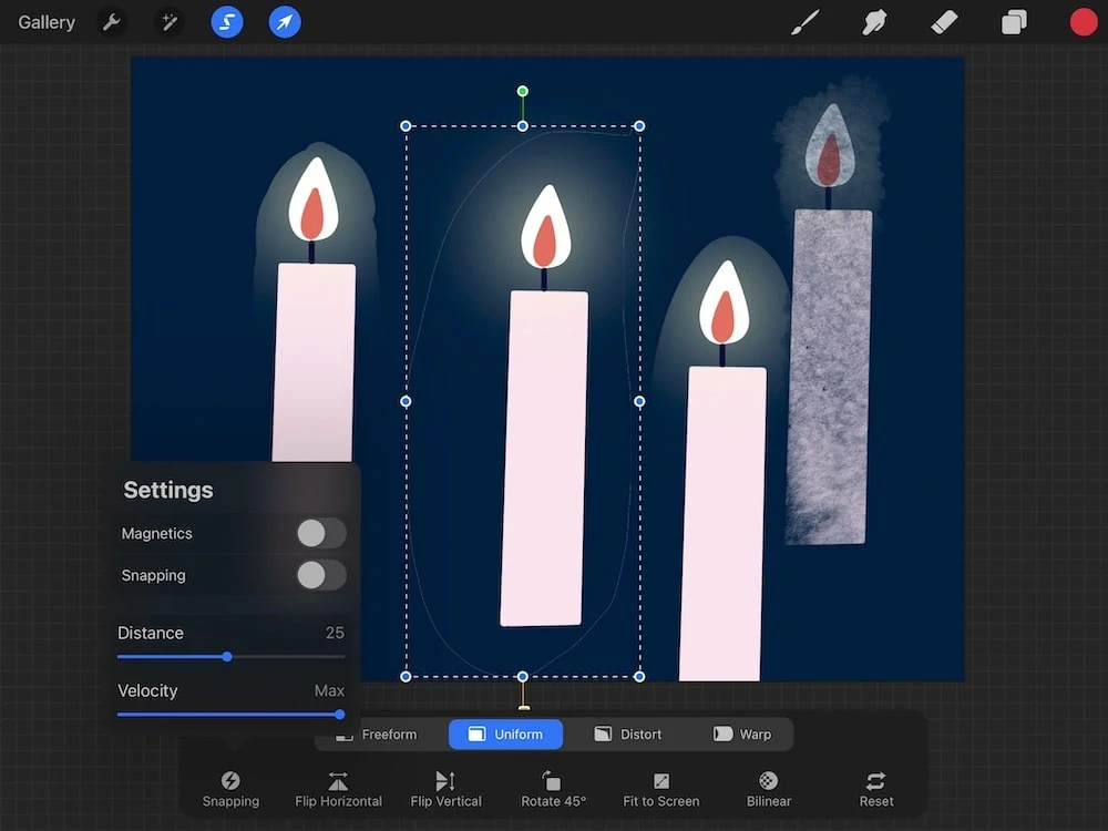 snapping in procreate on drawing of candle