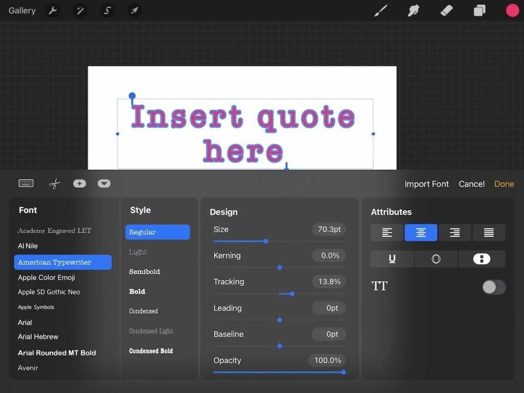 changing tracking in procreate for text