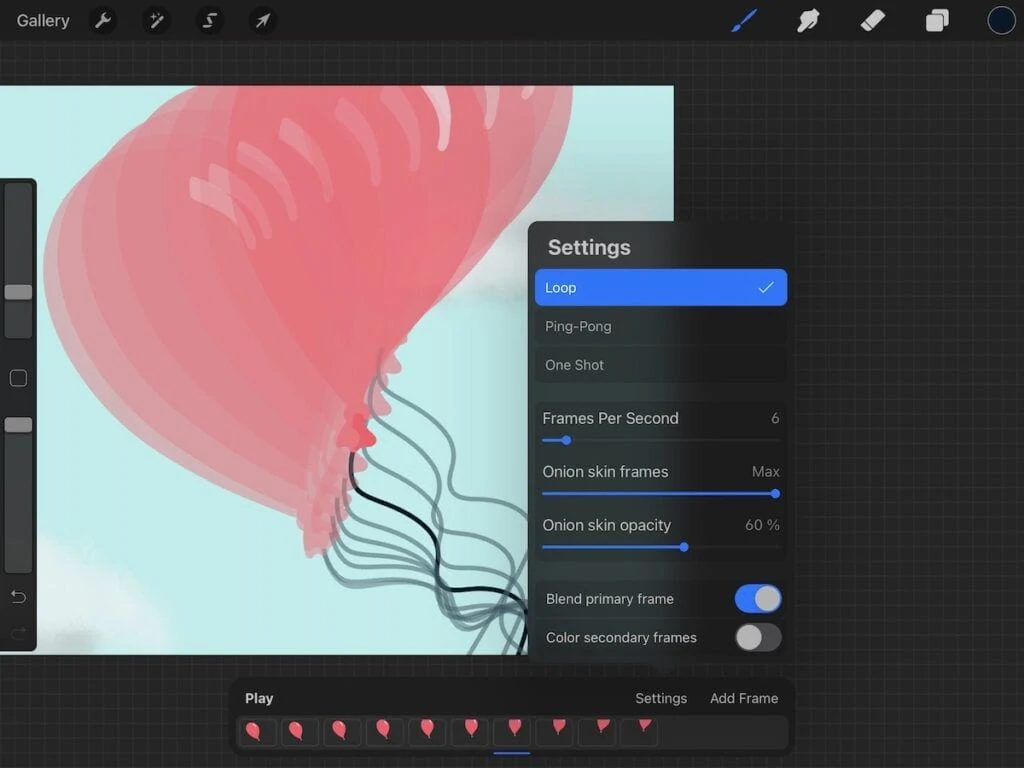 onion skins blend turned on in procreate on balloon animation