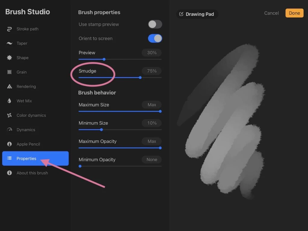 brush smudge options in procreate