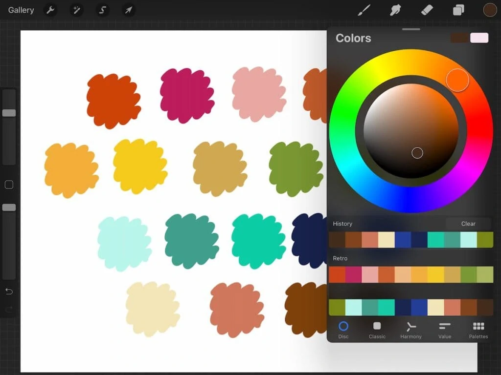 screenshot of color palette on procreate