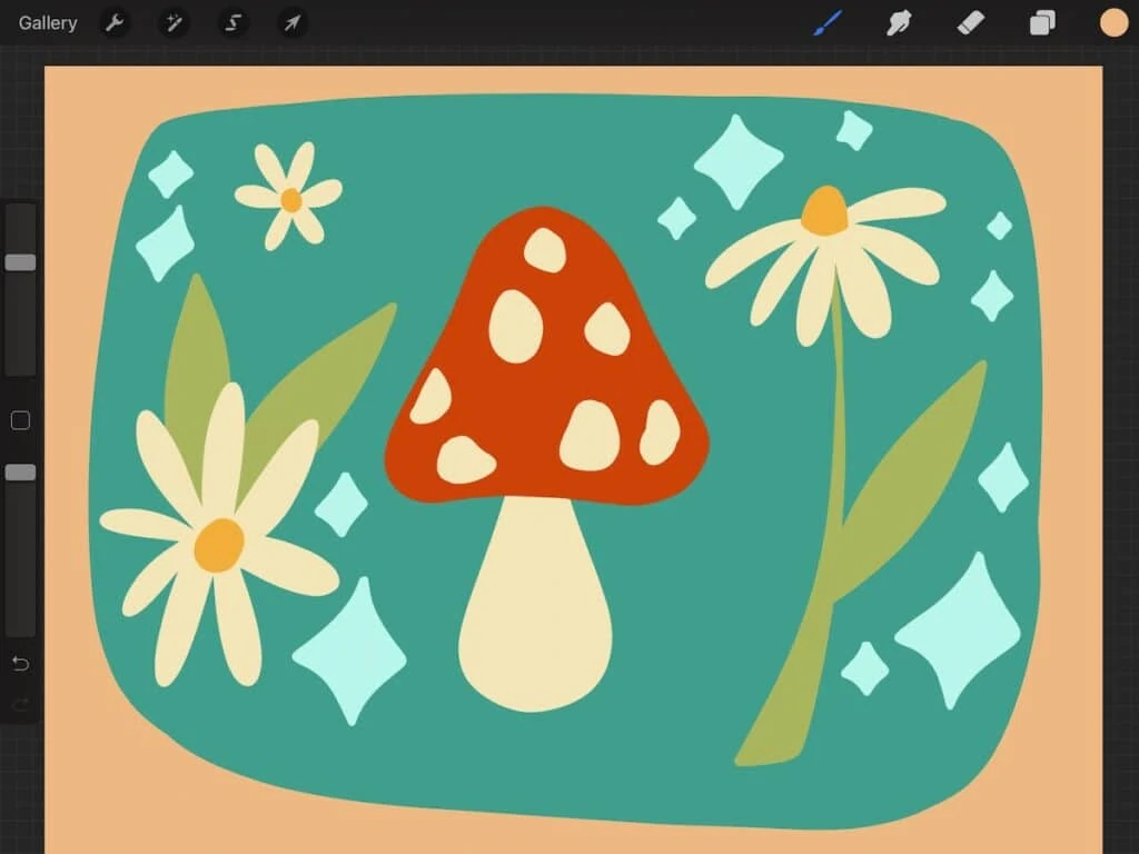 retro mushroom and daisy art