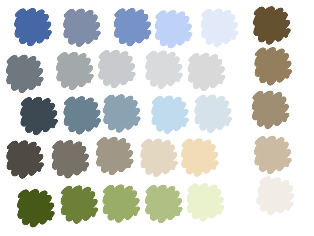 color palette with greens, blues and browns