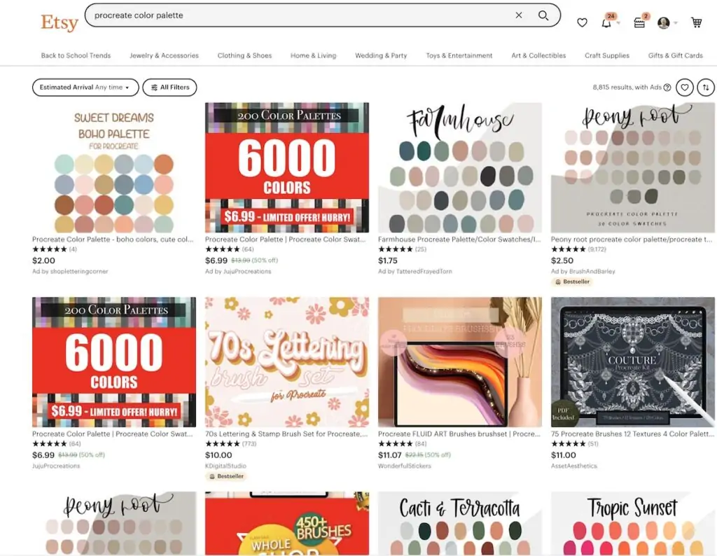 screenshot of etsy search for procreate palette