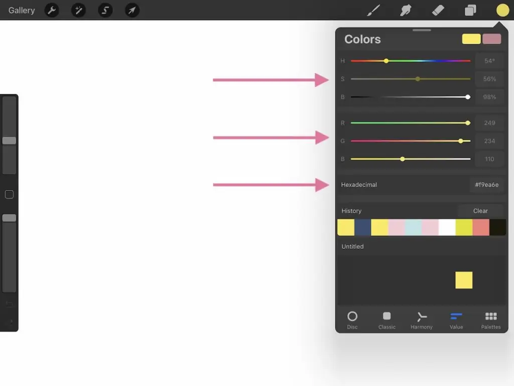 value sliders in procreate