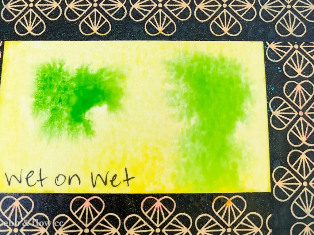 green paint on yellow paint (wet-on-wet technique)