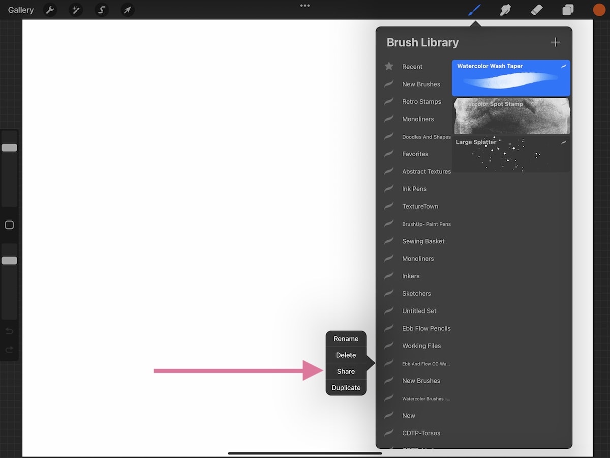 screenshot or sharing brush options on Procreate
