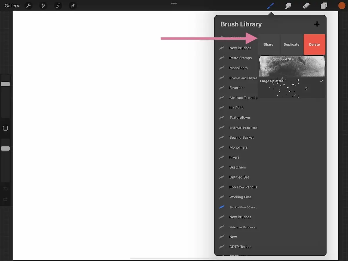 screenshot of procreate brush sharing options