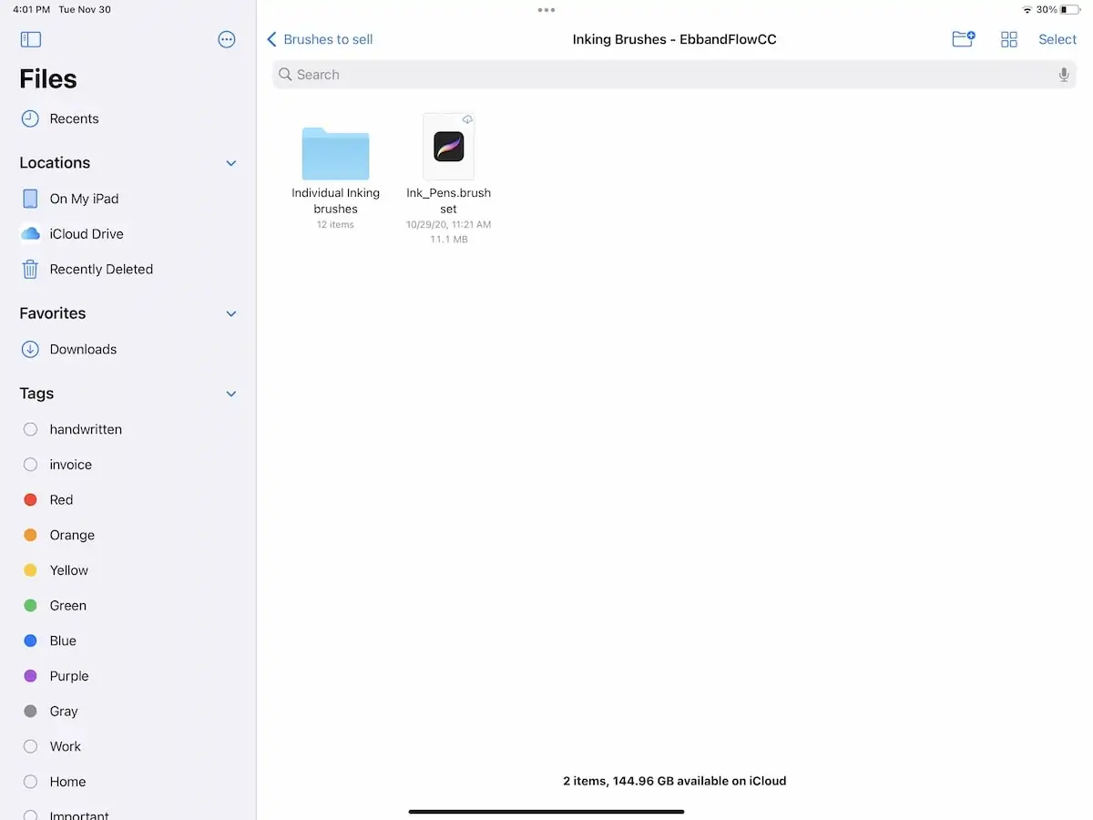 screenshot of brush folder on iPad