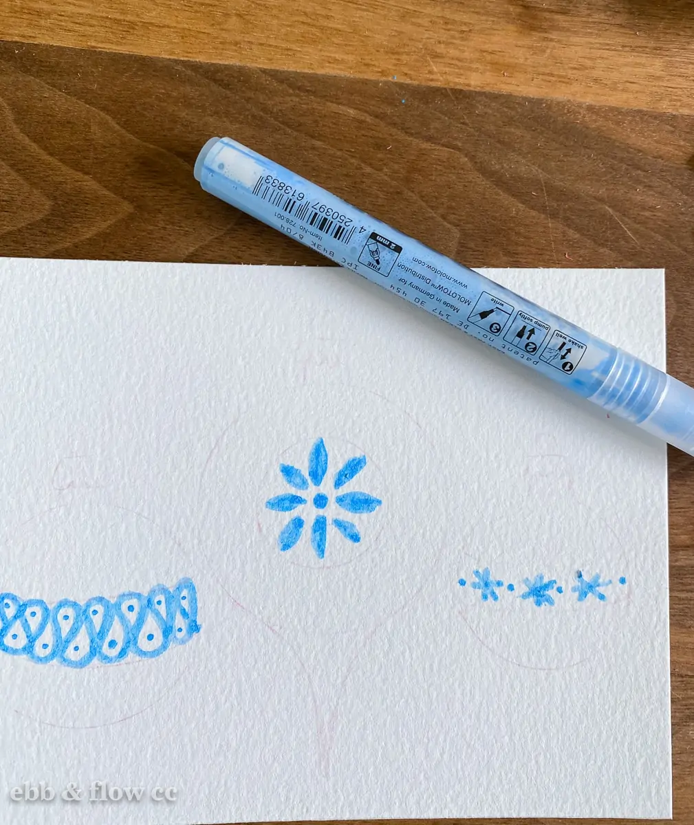 adding details to ornament drawing with masking fluid pen