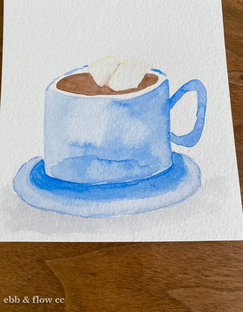 adding a shadow to painting of hot cocoa in blue mug