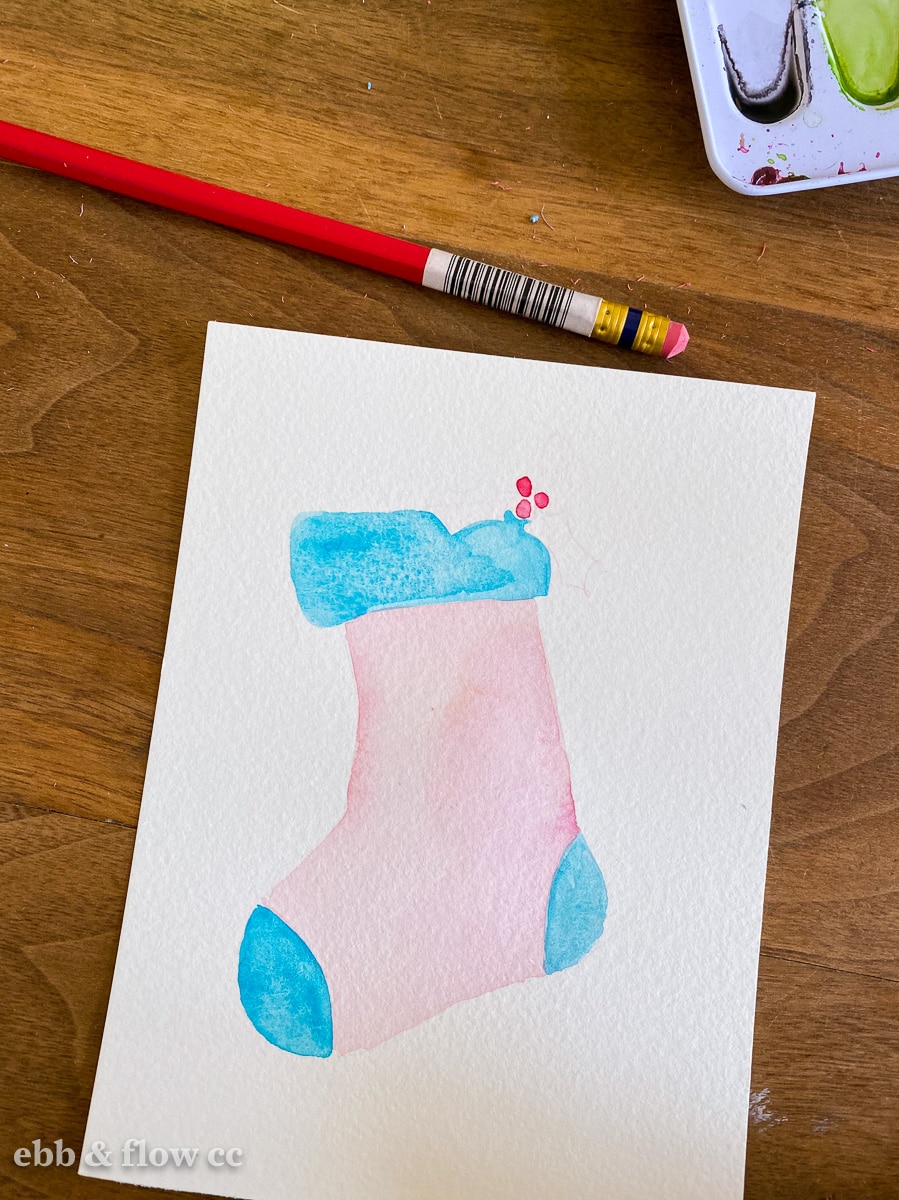 in progress painting of pink stocking