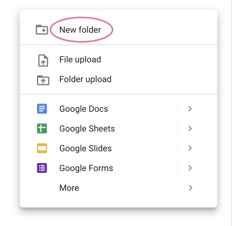 screenshot of creating a new folder in google drive