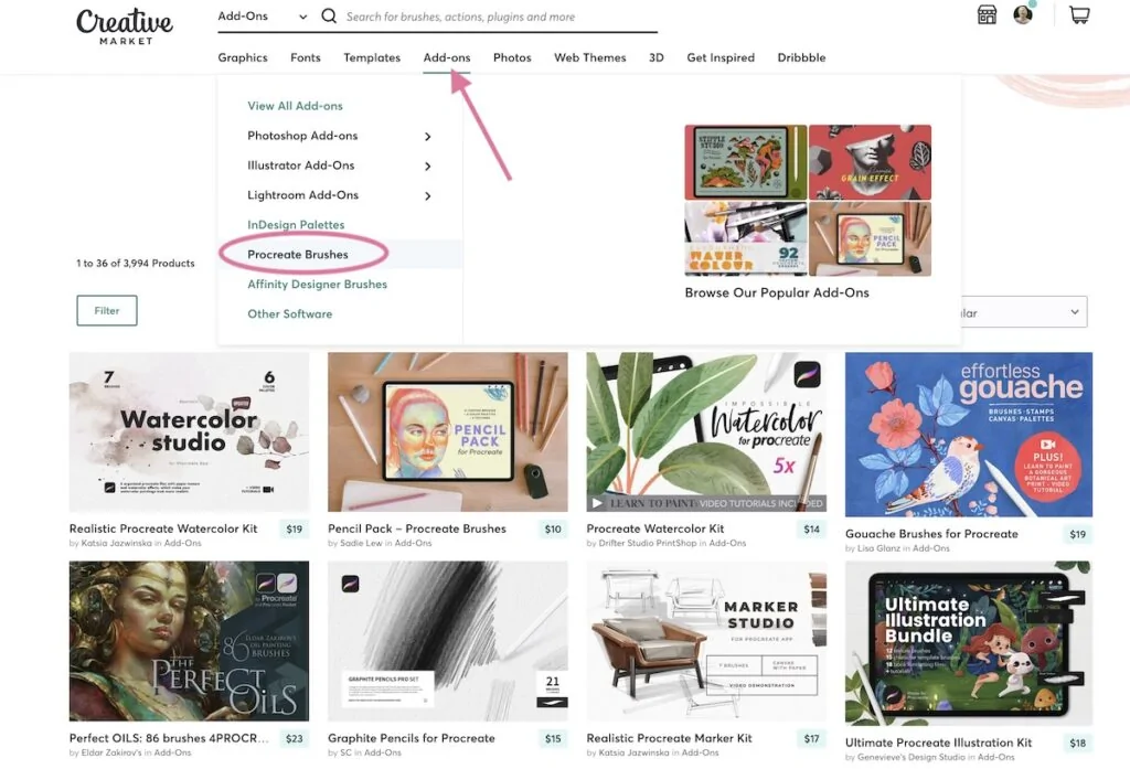 screenshot of creative market procreate brushes for sale