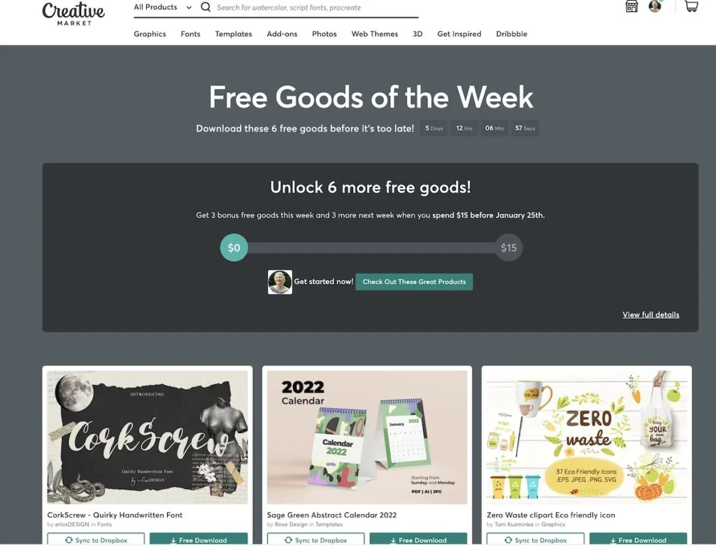 screenshot of creative market free downloads