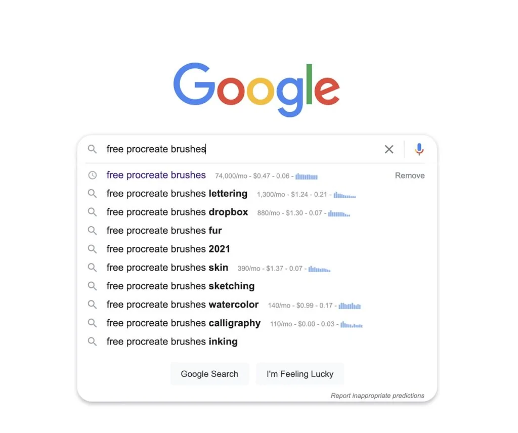 screenshot of google search for free procreate brushes