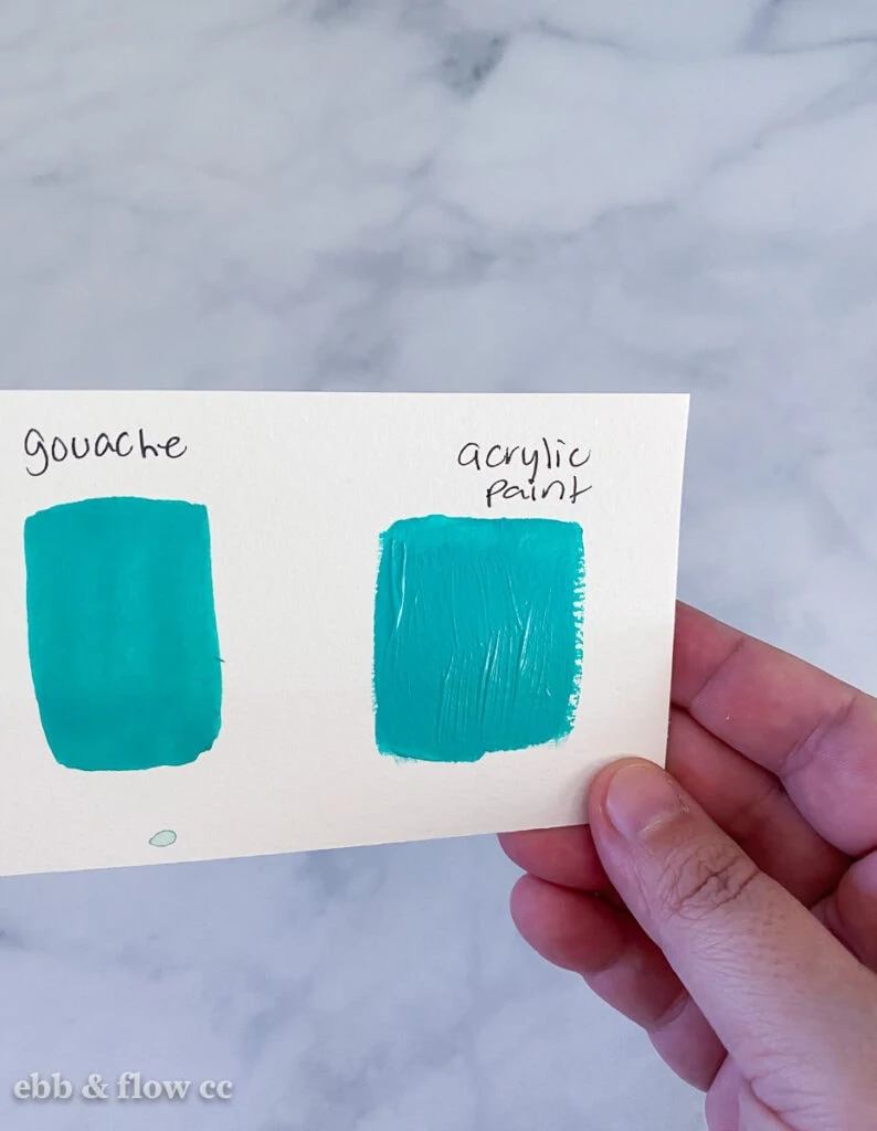 smooth matte gouache swatch and textured, shiny swatch of acrylic paint in teal