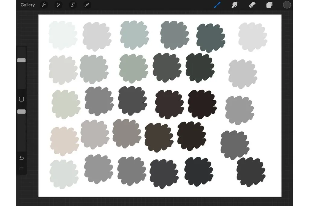 screenshot of procreate color swatches in neutral winter tones