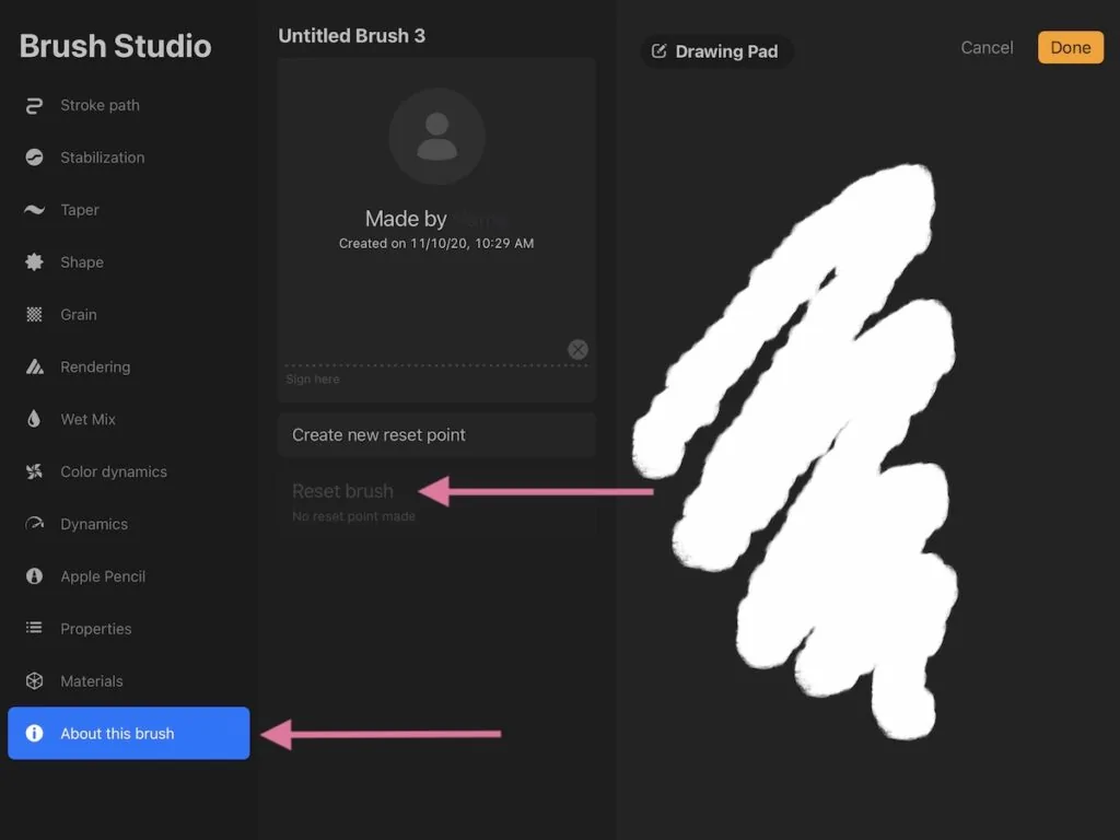 screenshot of reset button in Procreate brush studio