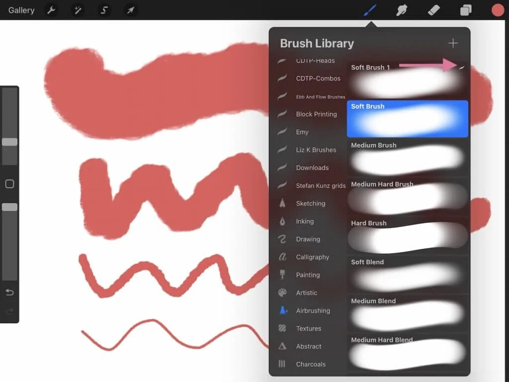 screenshot of procreate app showing icon beside custom brushes vs default brushes