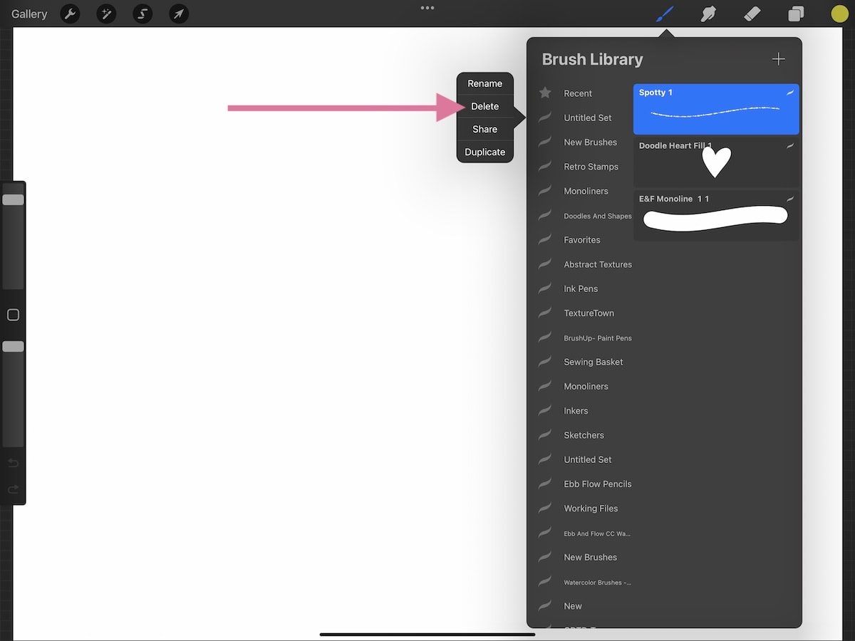 deleting brush set from Procreate