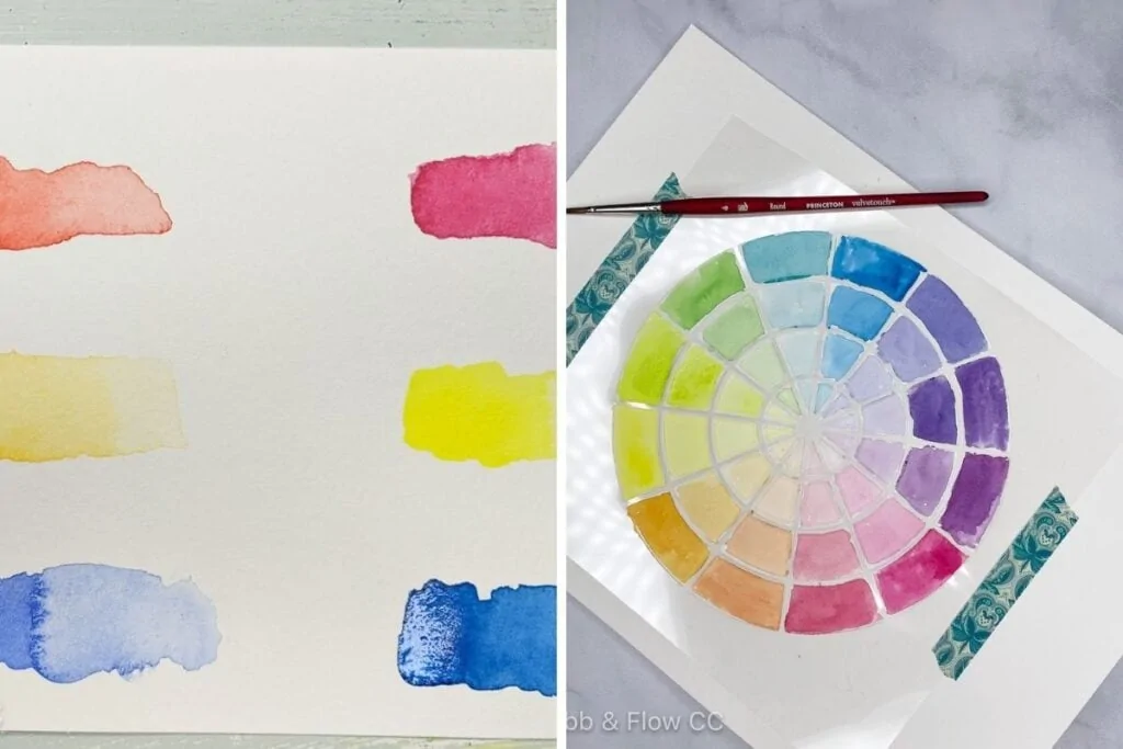 collage of watercolor swatches and color wheel