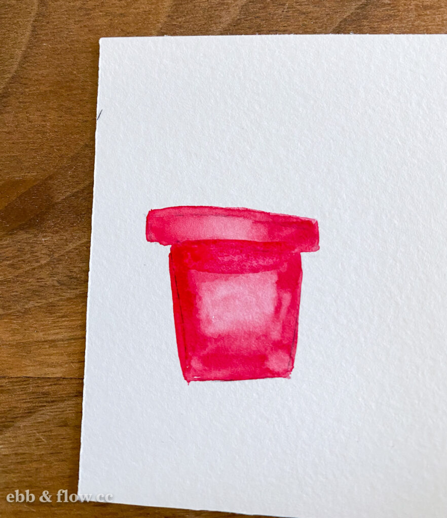 red flower pot painted in watercolors
