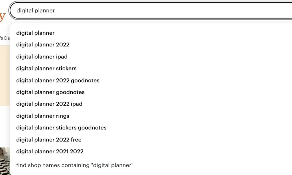 screenshot of Etsy keywords in search bar