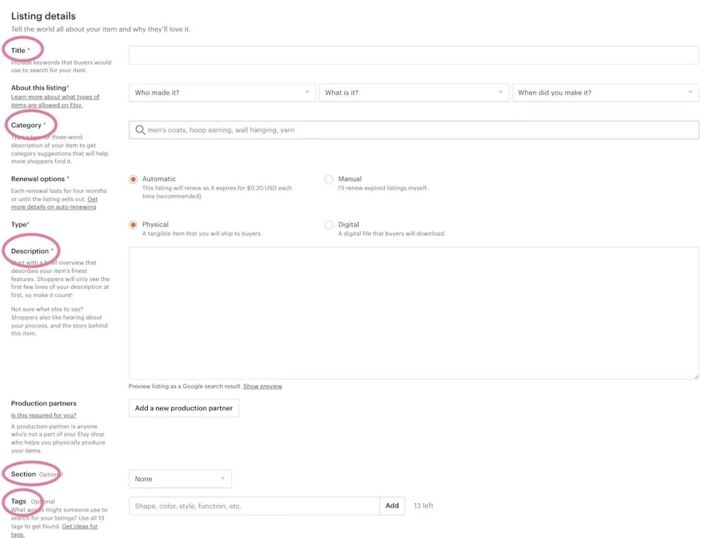 etsy listing places to add keywords