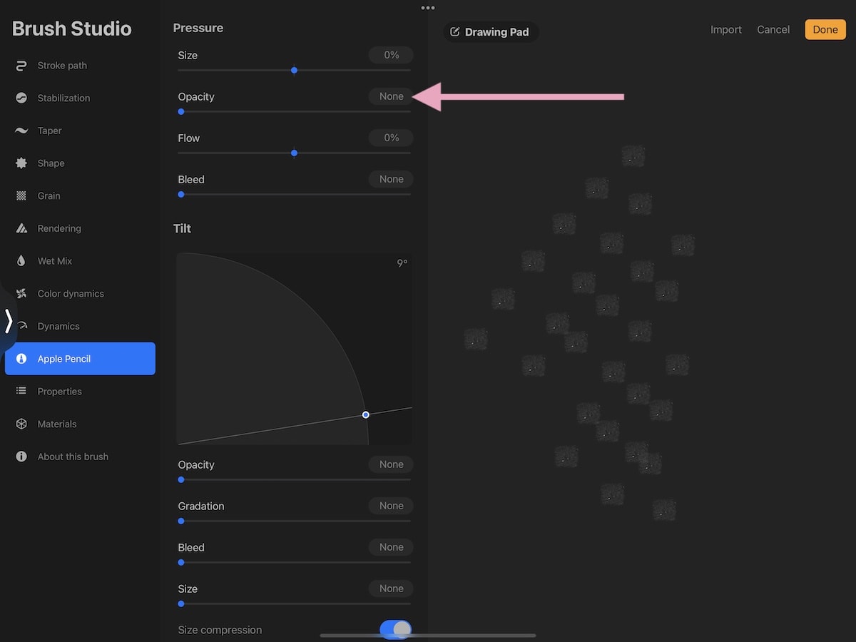 apple pencil settings in Procreate