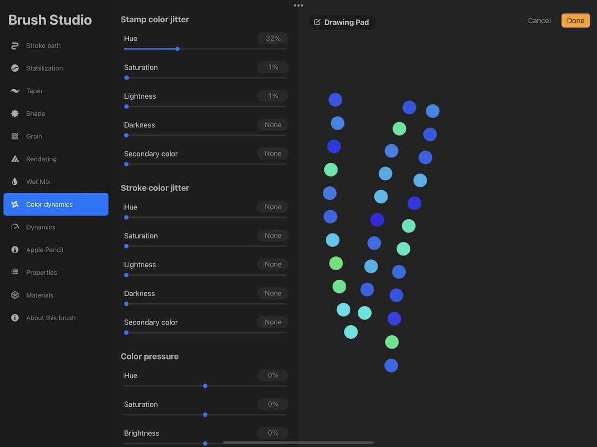 color dynamics settings in Procreate