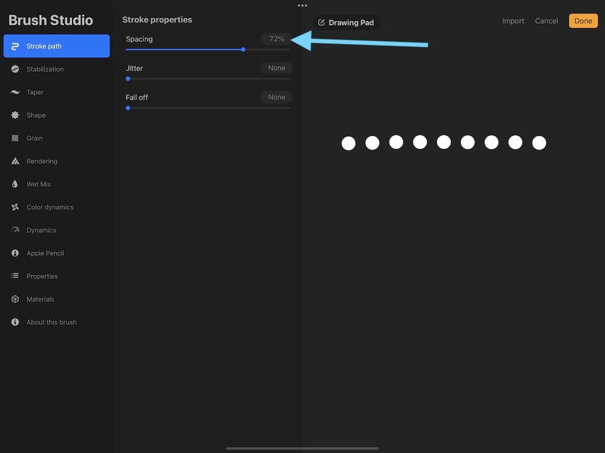 increase spacing in Procreate brush menu