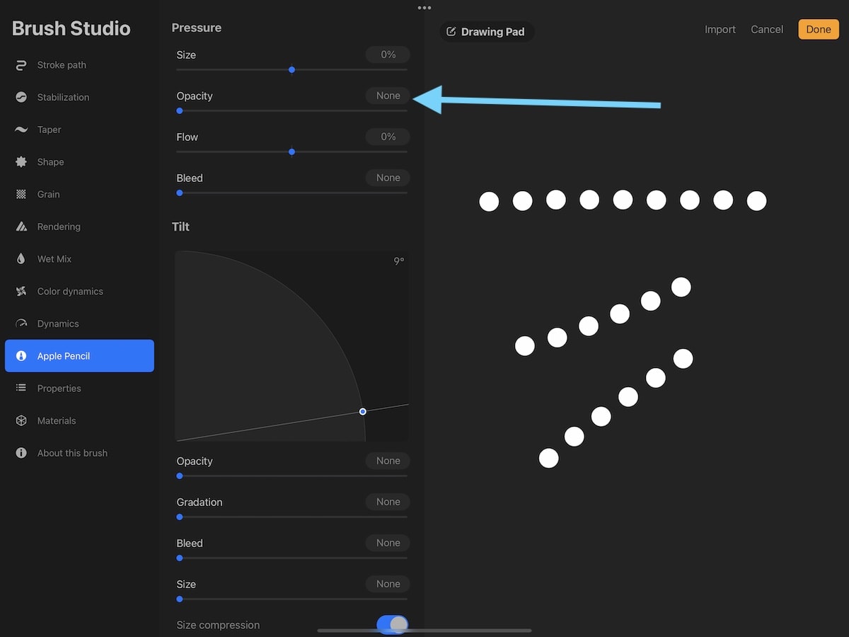 changing opacity of Apple pencil