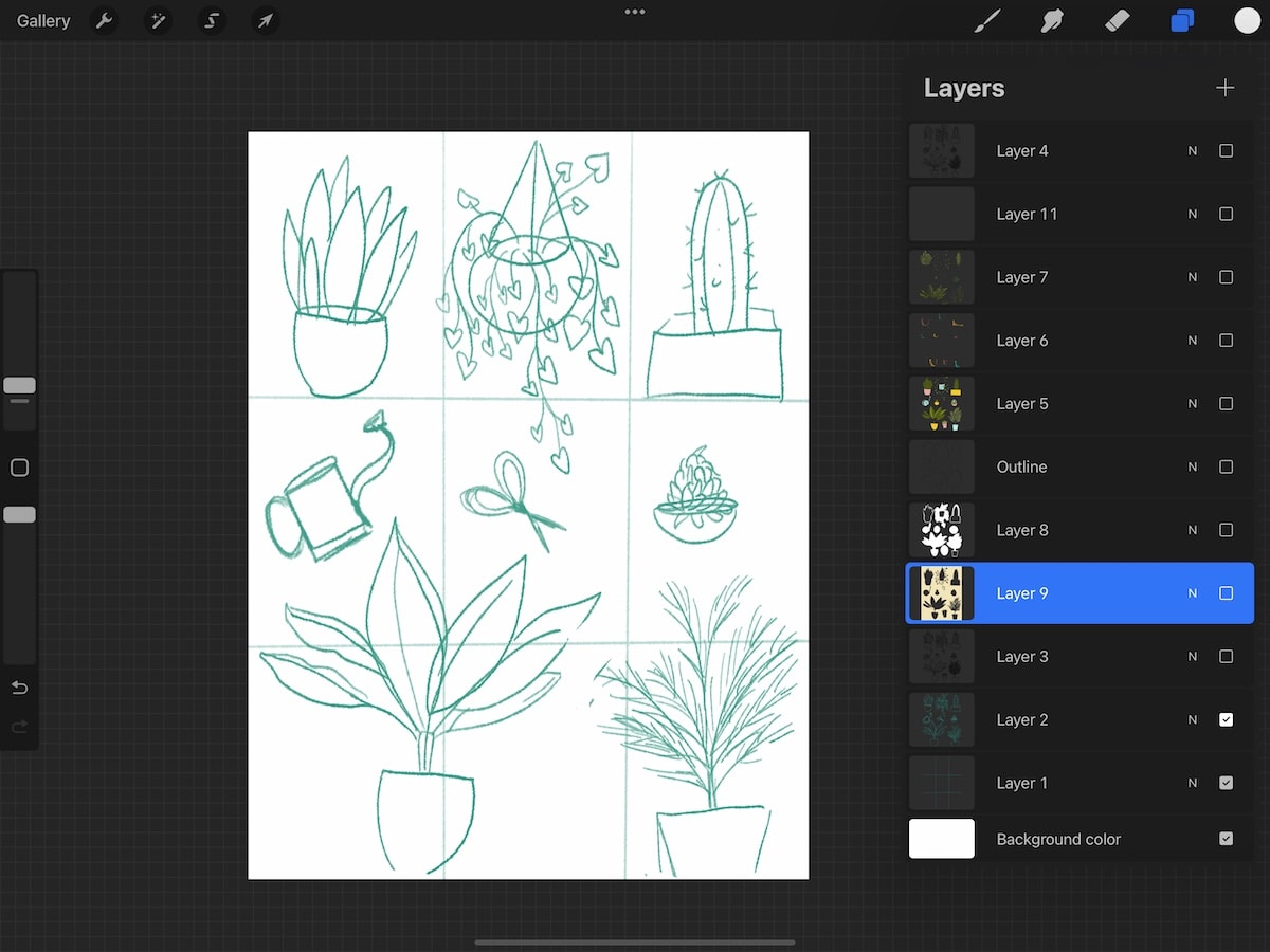 sketched plants on grid in Procreate