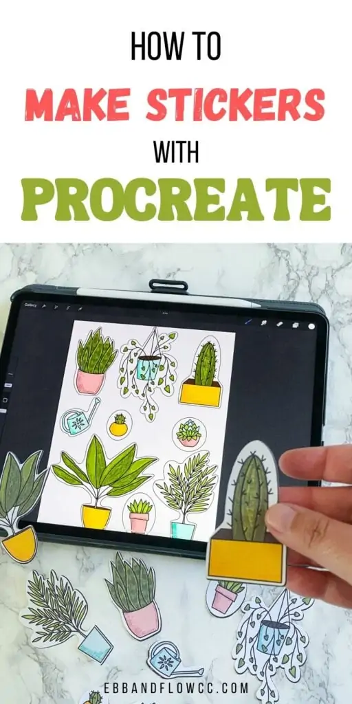 ipad with plant art and hand holding cactus sticker