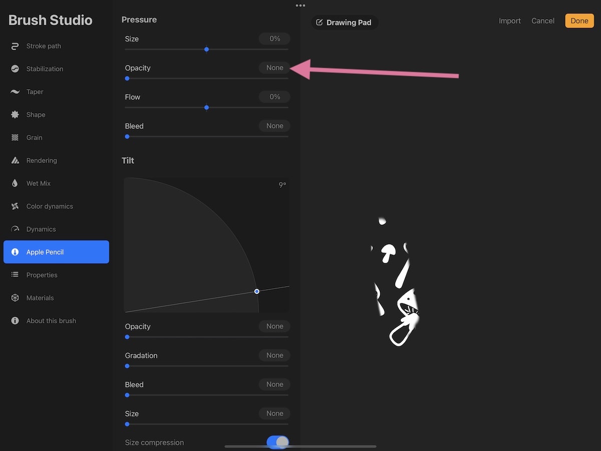 changing apple pencil settings for procreate