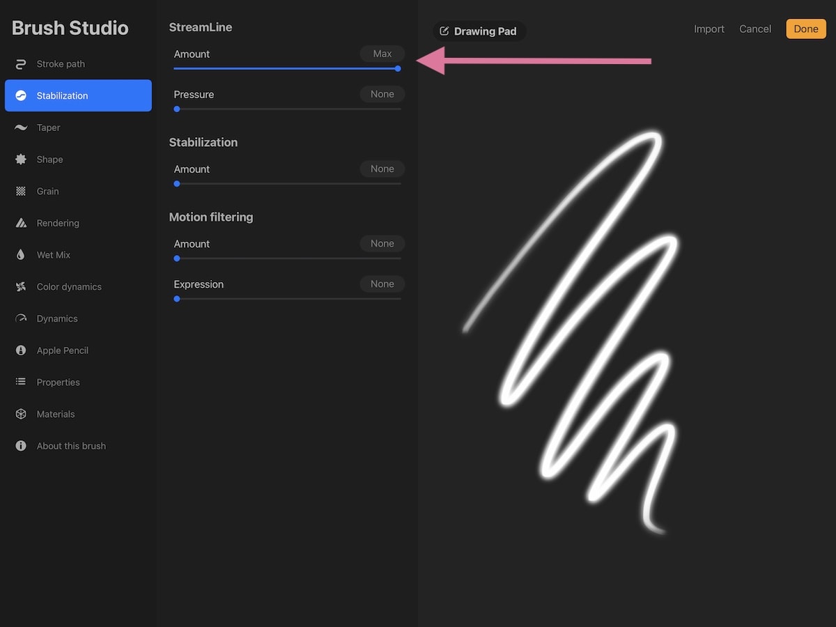 increasing stabilization for brush in Procreate