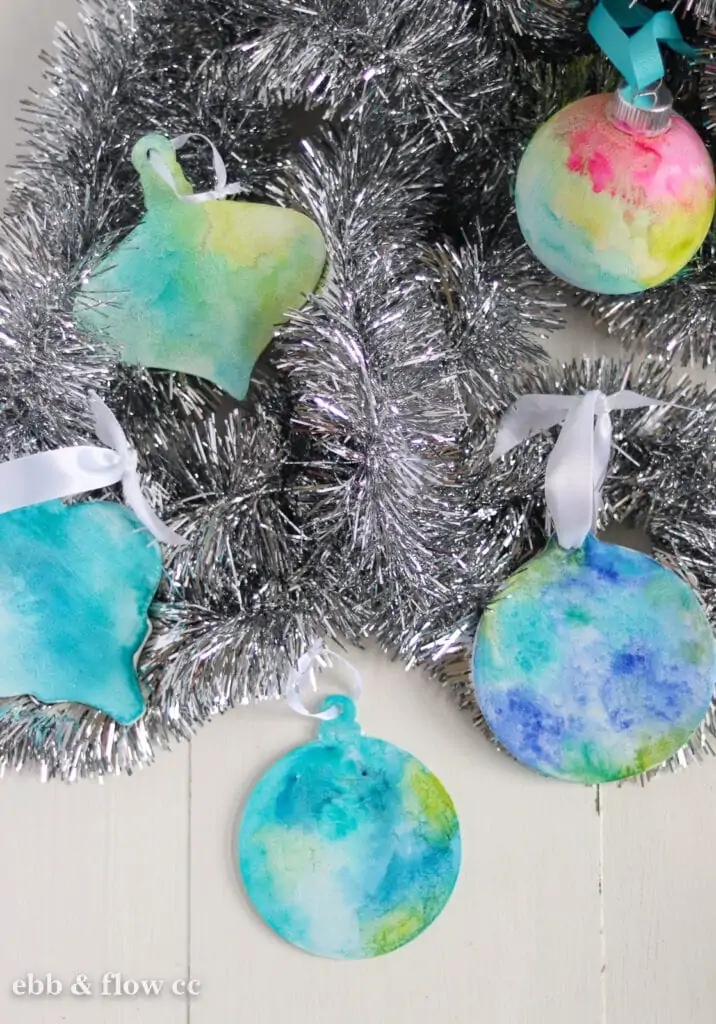 watercolor ornaments on tinsel