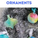 watercolor ornaments on silver tinsel