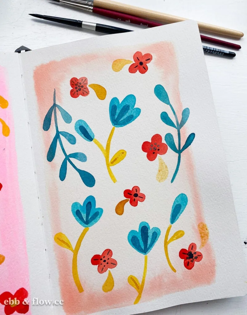watercolor and gouache painting of folk style florals