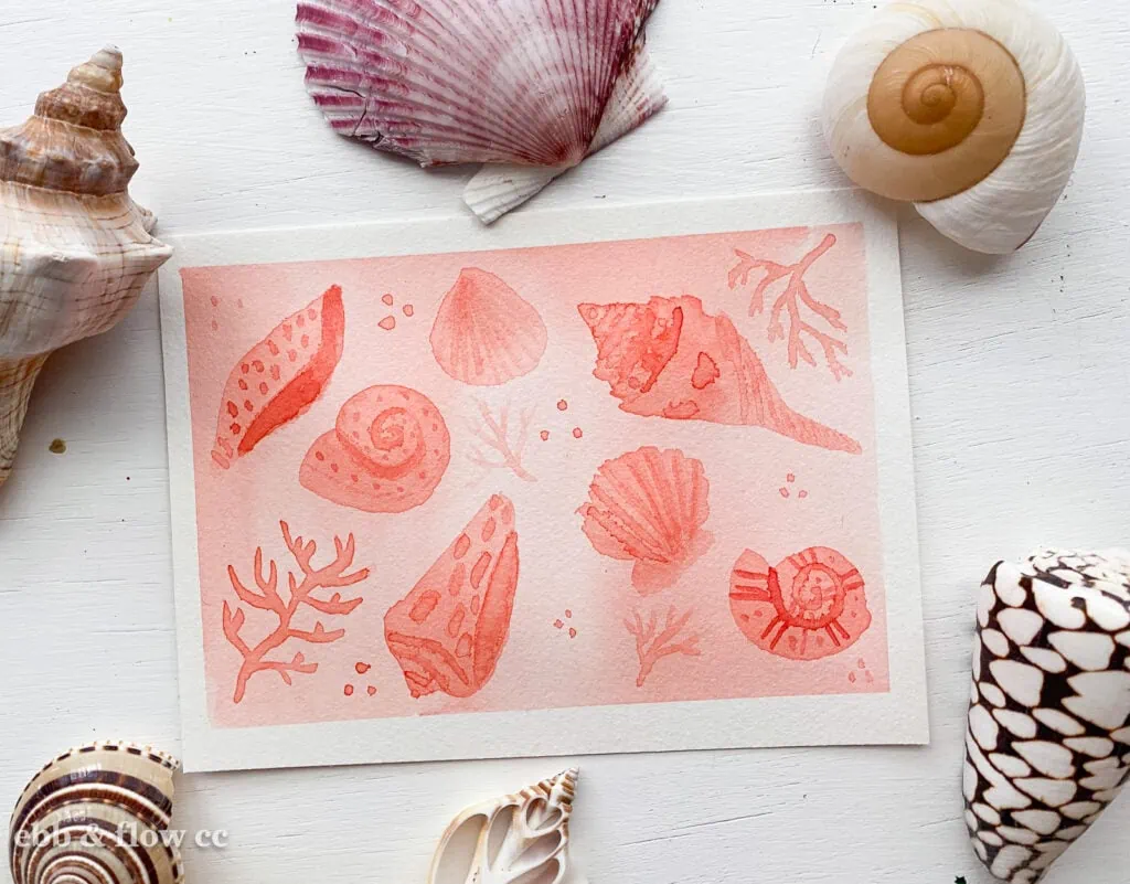 monochromatic watercolor painting of sea shells