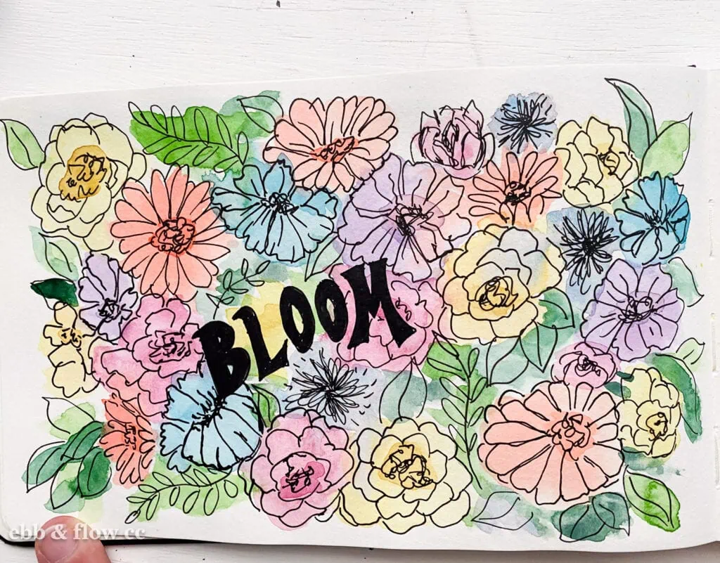 watercolor and ink illustration of flowers