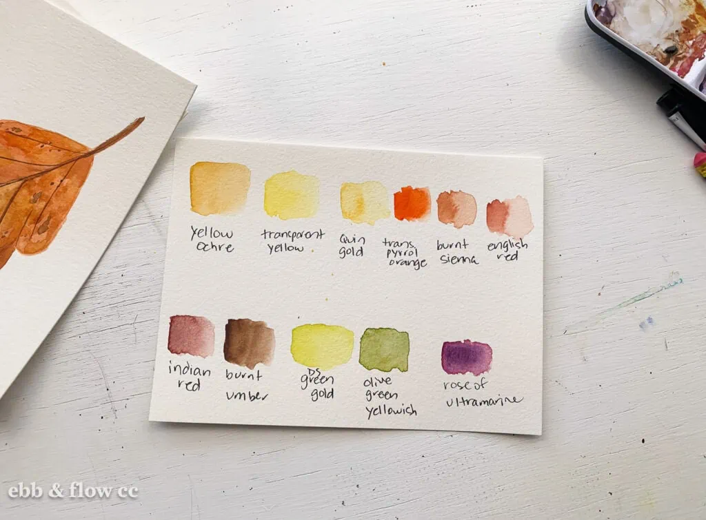 watercolor swatches for a fall leaf palette