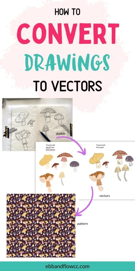 sketch of mushrooms to digital version to pattern of mushrooms