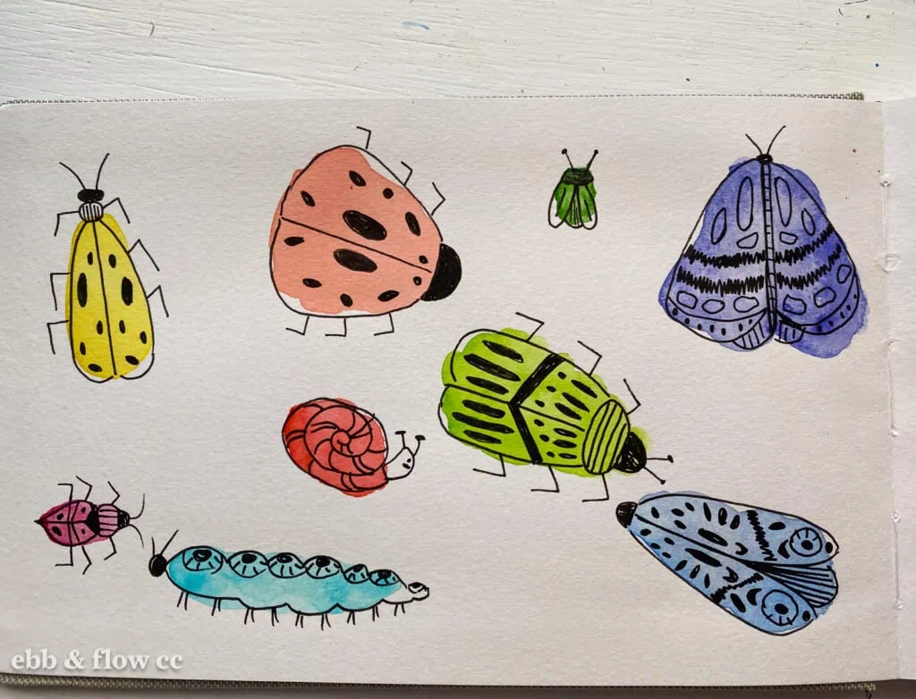 watercolor blobs with bugs drawn in ink