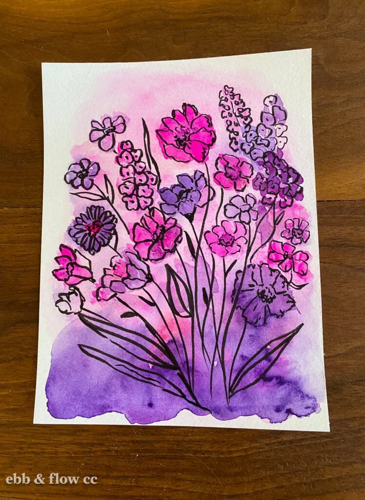 pink and purple watercolor with flower drawing in ink